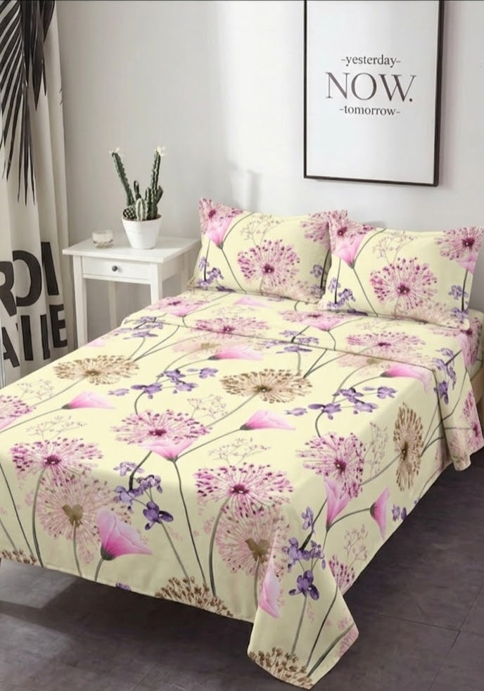 Modern Botanical Allium Floral Print Cotton Bedsheet Set - Pink & Purple on Cream Color
