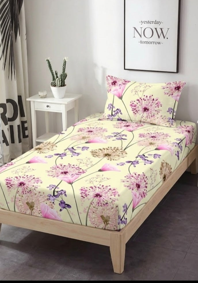 Modern Botanical Allium Floral Print Cotton Bedsheet Set - Pink & Purple on Cream Color