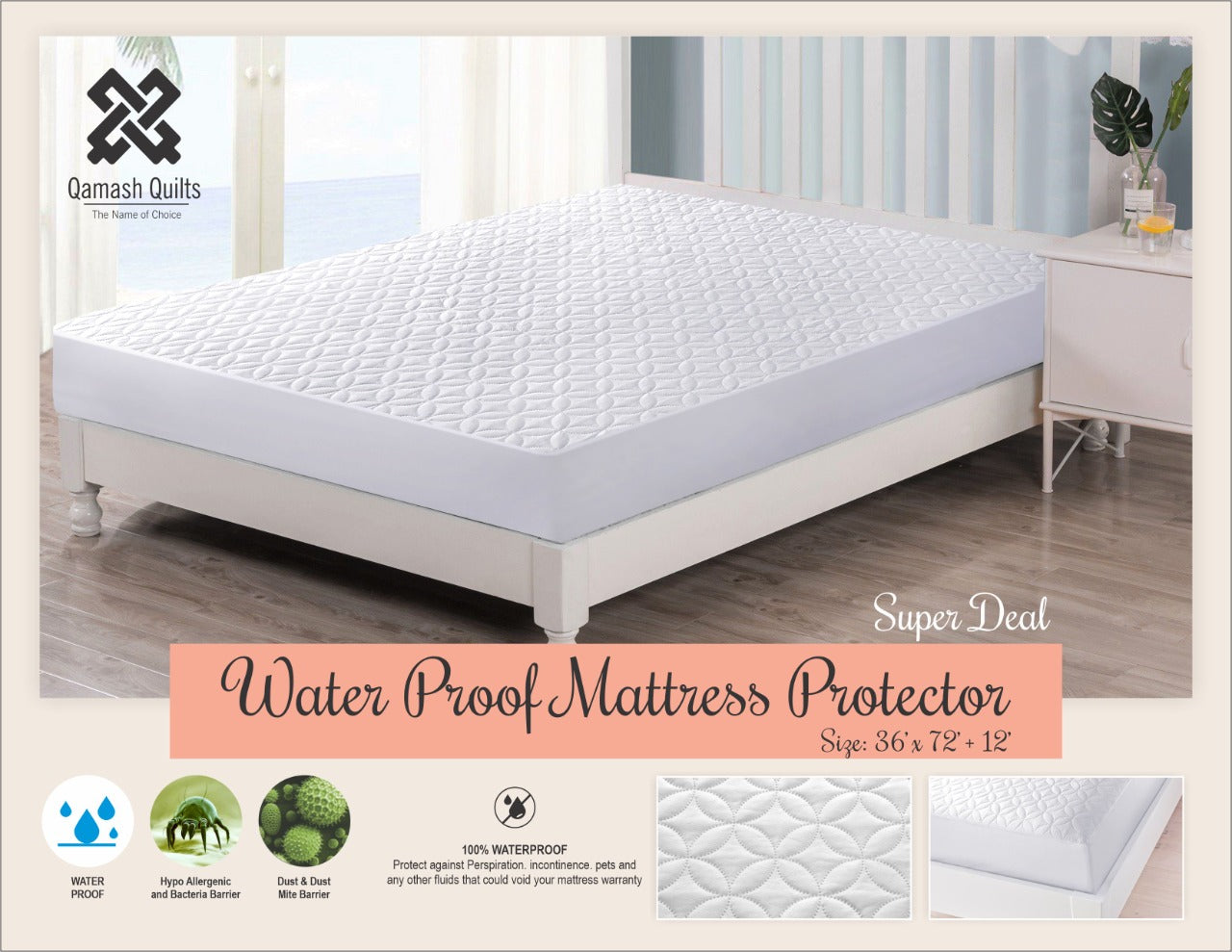 Premium Quality Ultrasonic Quilted Waterproof Mattress Cover Available in Multiple Sizes