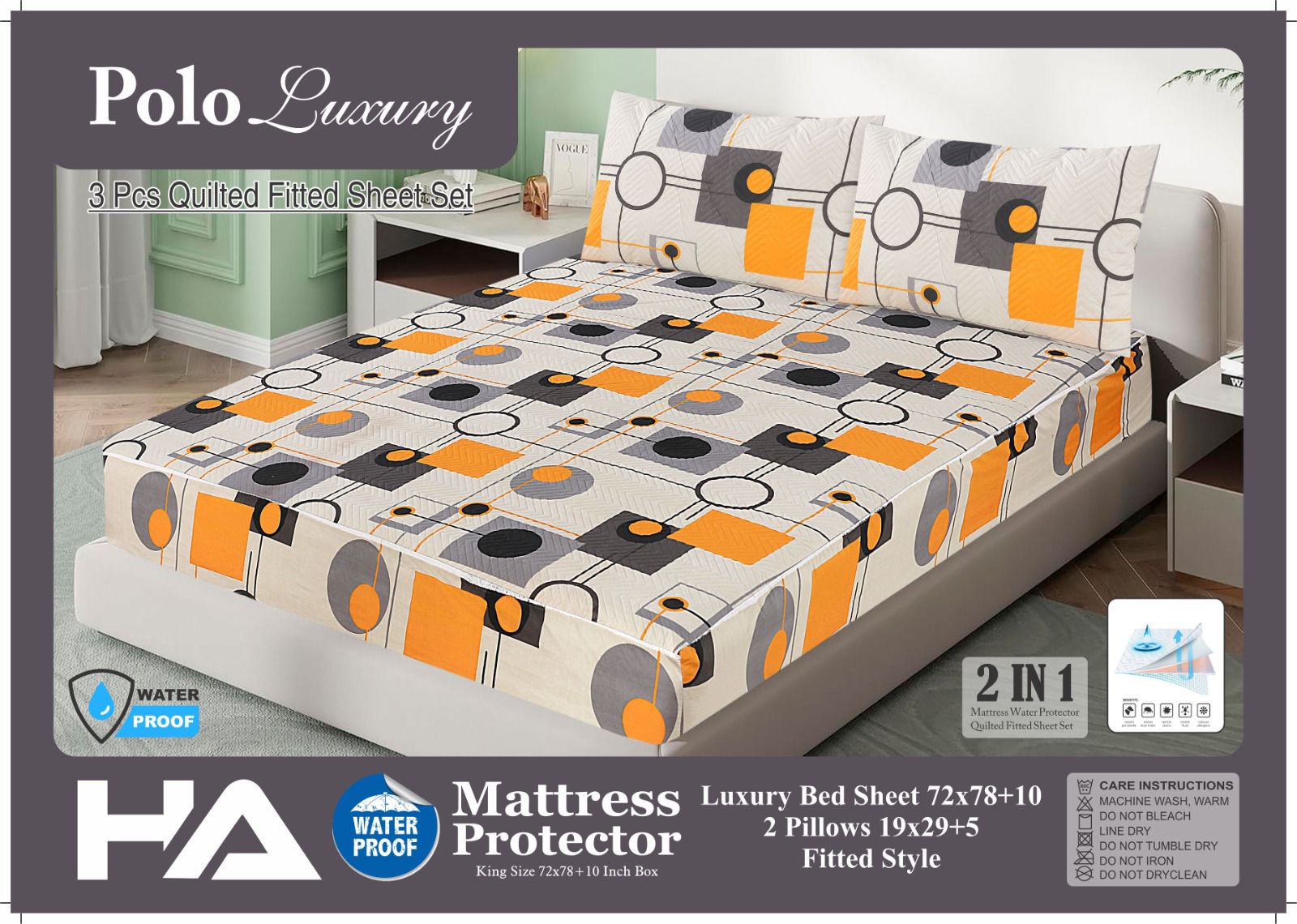Premium Quality Printed 3pc Waterproof Mattress Protector/Bedsheet With 2 Pillow Covers