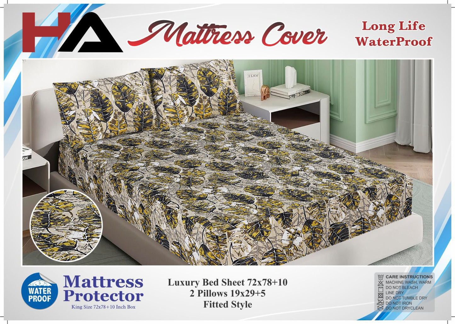 Premium Quality Printed 3pc Waterproof Mattress Protector/Bedsheet With 2 Pillow Covers