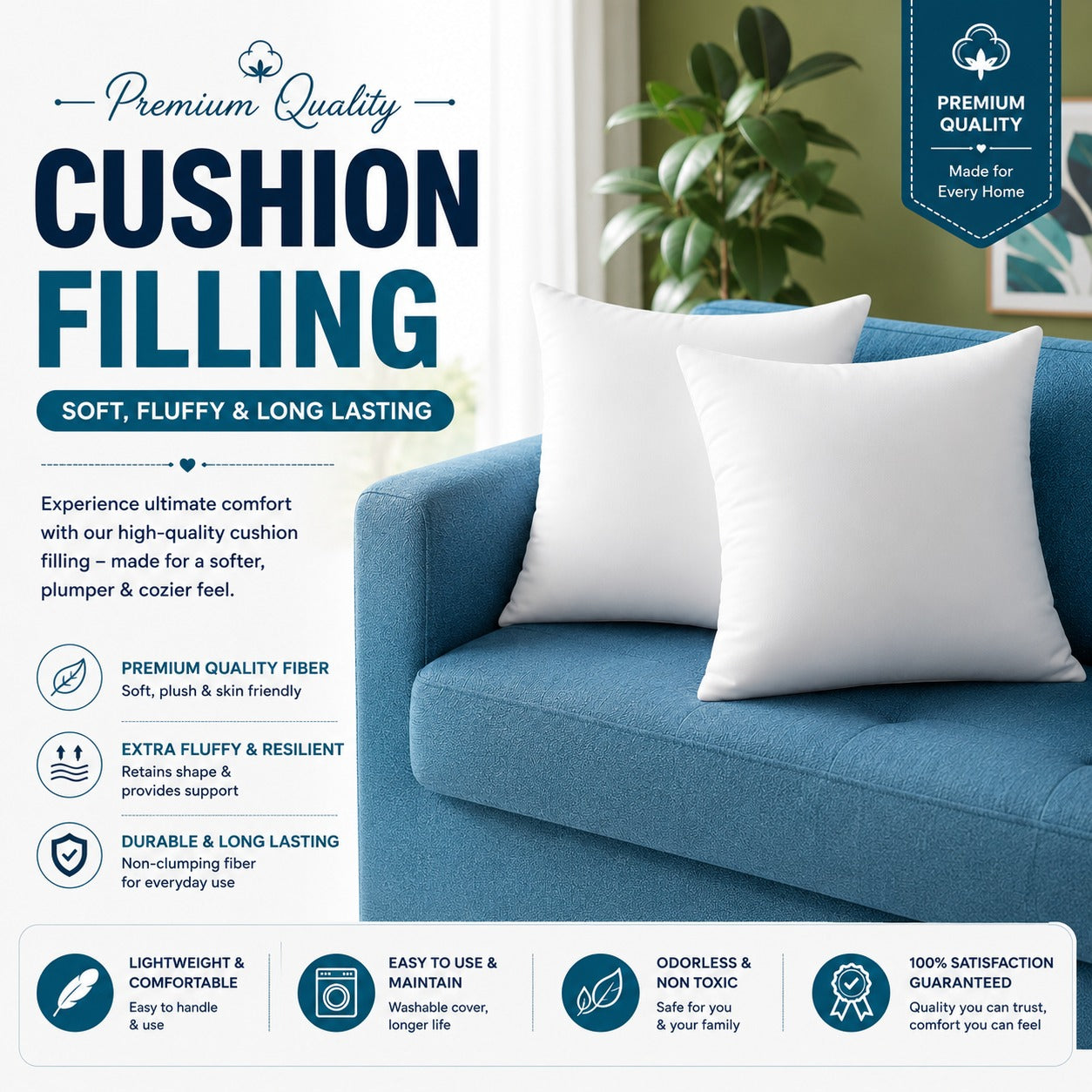 Pack of 5 Premium Polyester Cushion Inserts | 16x16 Inch Throw Pillow Fillings | Soft & Fluffy