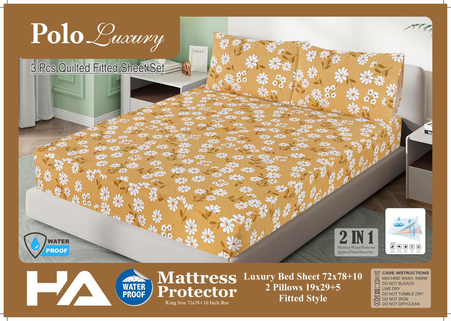Premium Quality Printed 3pc Waterproof Mattress Protector/Bedsheet With 2 Pillow Covers