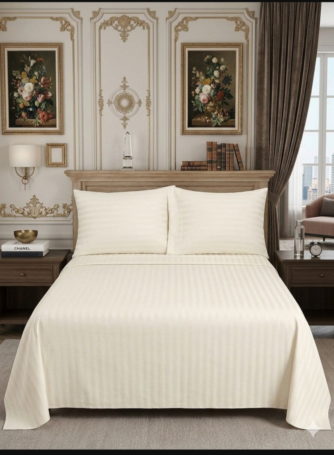 Premium Quality King Size Satin Bedsheet with 2 Pillow Covers White Stripe Design Bedsheet